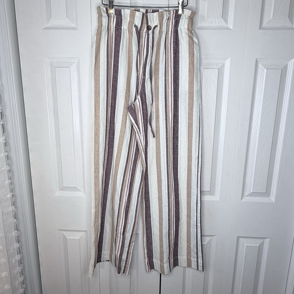 NWOT Abercrombie & Fitch Striped Linen Blend Wide Leg Pants Paperbag Waist Sz M - Picture 1 of 7